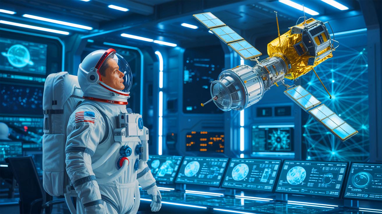 Illustration de l'astronaute Stephen Robinson face au satellite révolutionnaire de Proteus Space, créée par intelligence artificielle.
