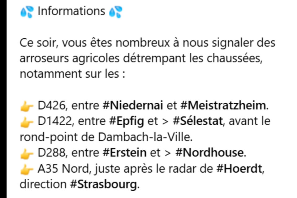 Sur la base de signalements, Info Trafic Bas-Rhin a recensé les axes concernés.