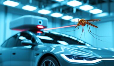 Illustration de l'ingénieur chinois utilisant un laser pour abattre des moustiques, générée par intelligence artificielle.