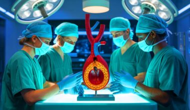 Illustration de l'utilisation d'un modèle d'aorte imprimé en 3D pour une chirurgie vasculaire complexe, créée par intelligence artificielle.
