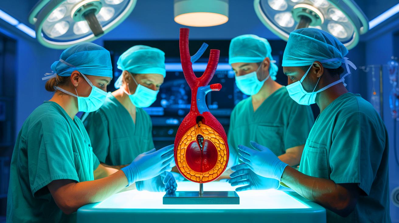 Illustration de l'utilisation d'un modèle d'aorte imprimé en 3D pour une chirurgie vasculaire complexe, créée par intelligence artificielle.