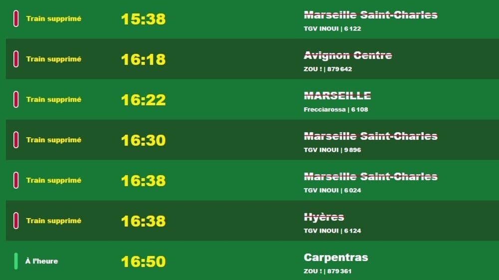 L'affichage de Gare et connexions à Avignon.