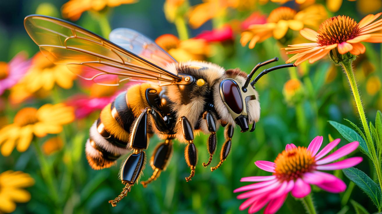 Illustration de l'inspiration des mouvements de vol des abeilles pour l'intelligence artificielle et la robotique. Image réalisée par IA.