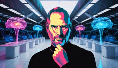 Illustration de la vision futuriste de Steve Jobs sur l'intelligence artificielle. Image réalisée par IA.