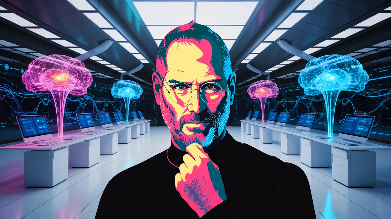 Illustration de la vision futuriste de Steve Jobs sur l'intelligence artificielle. Image réalisée par IA.
