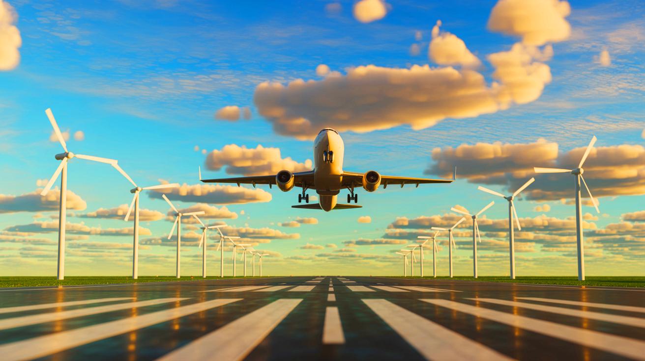 Illustration de la conversion du souffle des avions en énergie verte, générée par intelligence artificielle.