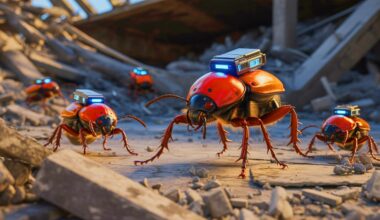 Illustration de coléoptères équipés de mini-sacs à dos électroniques pour le secours, générée par intelligence artificielle.