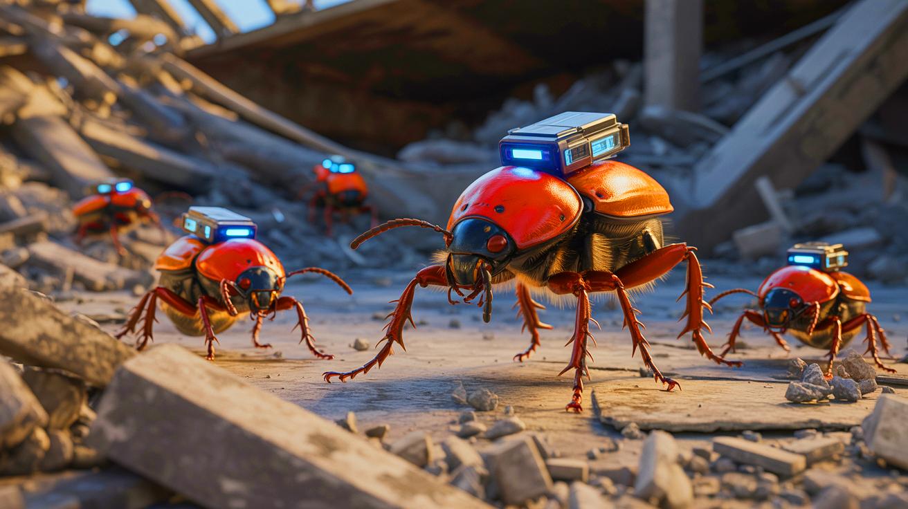 Illustration de coléoptères équipés de mini-sacs à dos électroniques pour le secours, générée par intelligence artificielle.