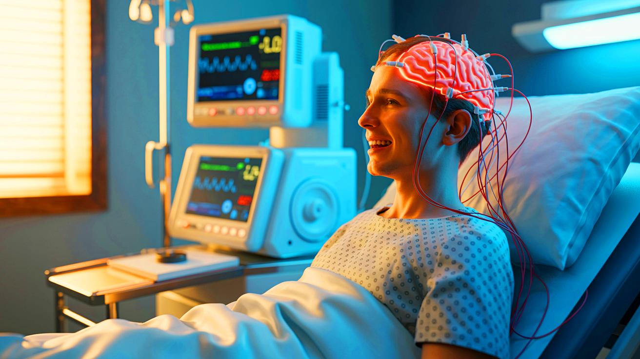 Illustration de la communication par implant cérébral chez un patient atteint de SLA. Image réalisée par IA.