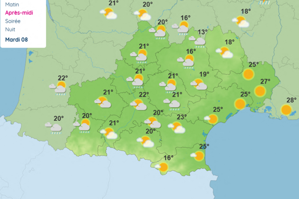Le ciel sera nuageux et pluvieux sur une grande partie de l'Occitanie lundi 7 juillet 2025. 