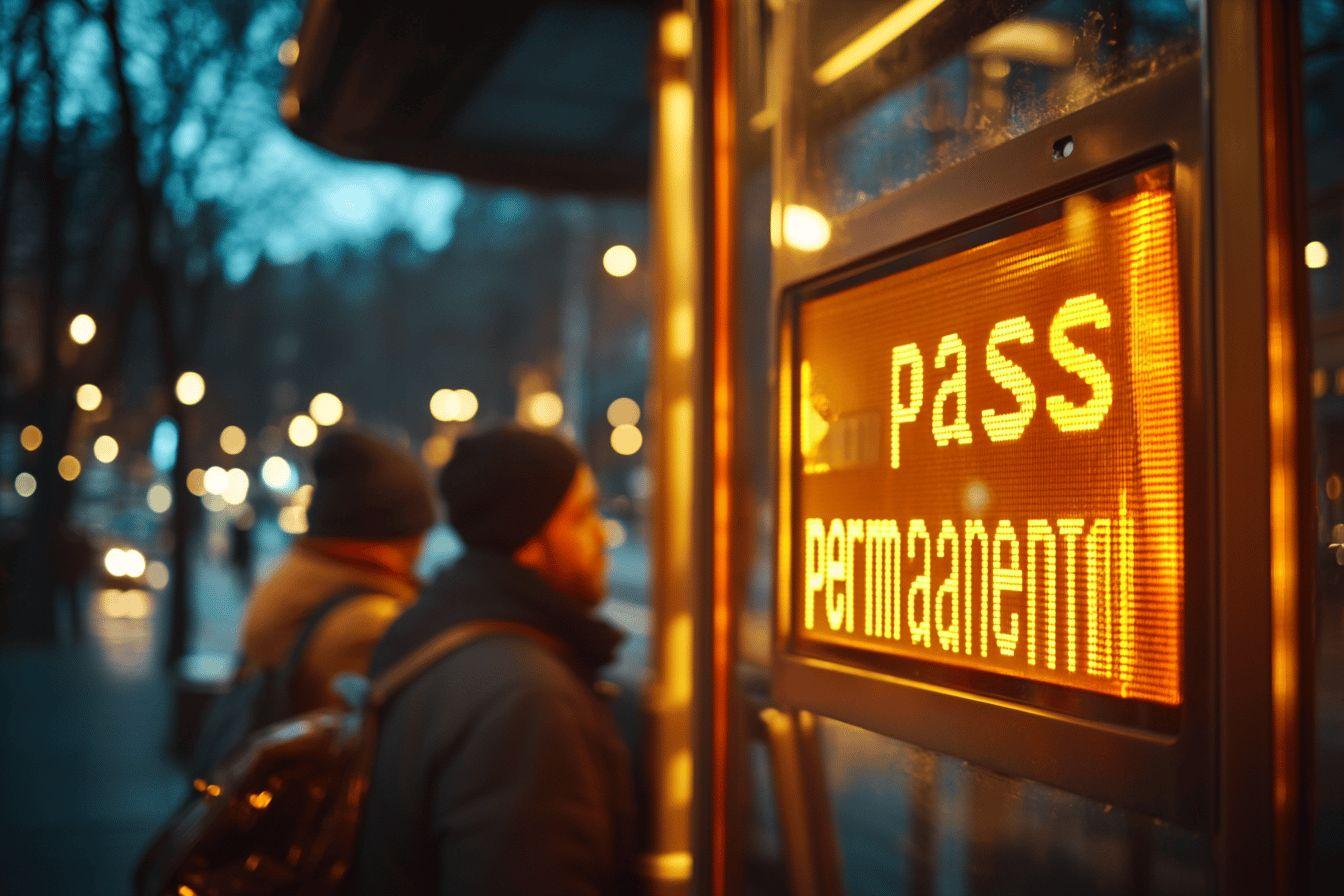 Personnes attendant devant un écran de bus affichant un message