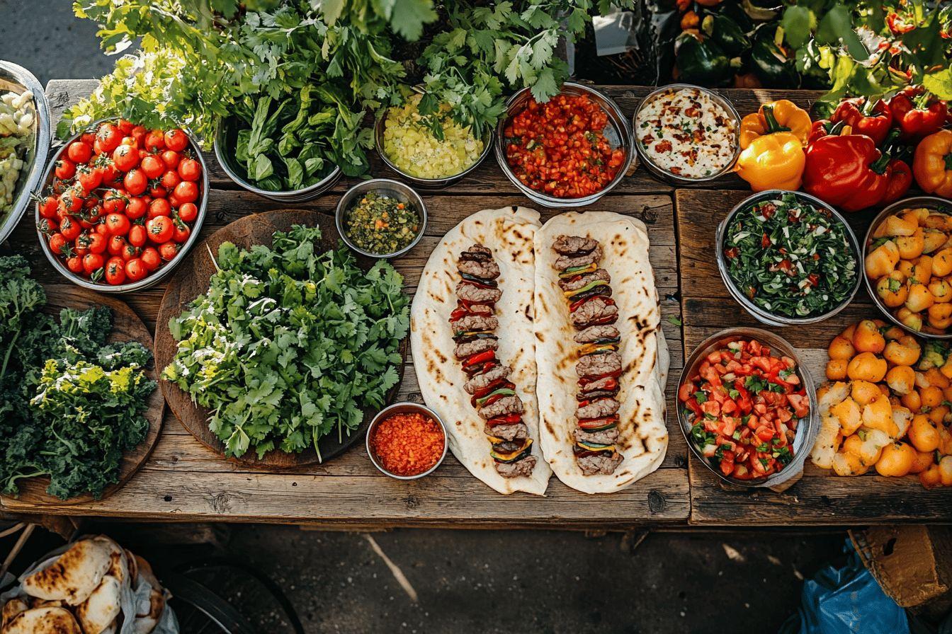 Étalage de viandes, légumes et condiments pour kebabs