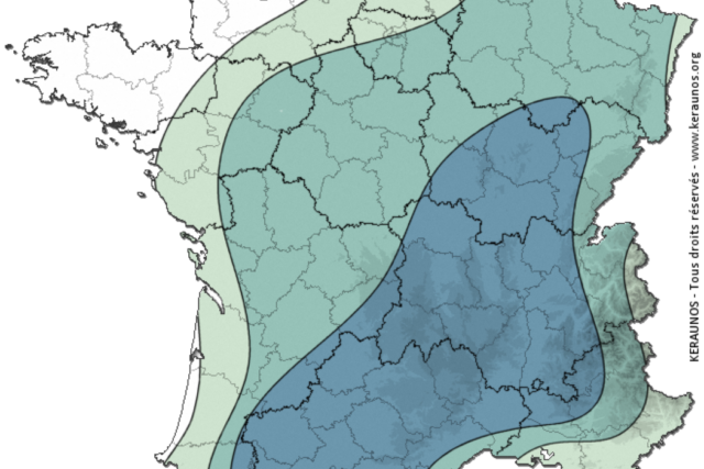 La probabilité d’orages est modérée dans la région Auvergne-Rhône-Alpes.
 (© Carte Keraunos)