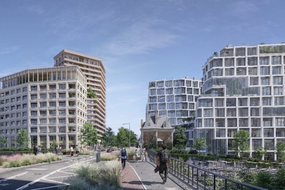 Perspective sur trois des quatre immeubles du projet Blériot-Féval, dont la tour rabotée au dernier plan à gauche.