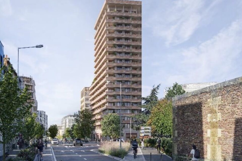 Perspective depuis le sud de la rue d'Alma sur l'immeuble de 17 étages.