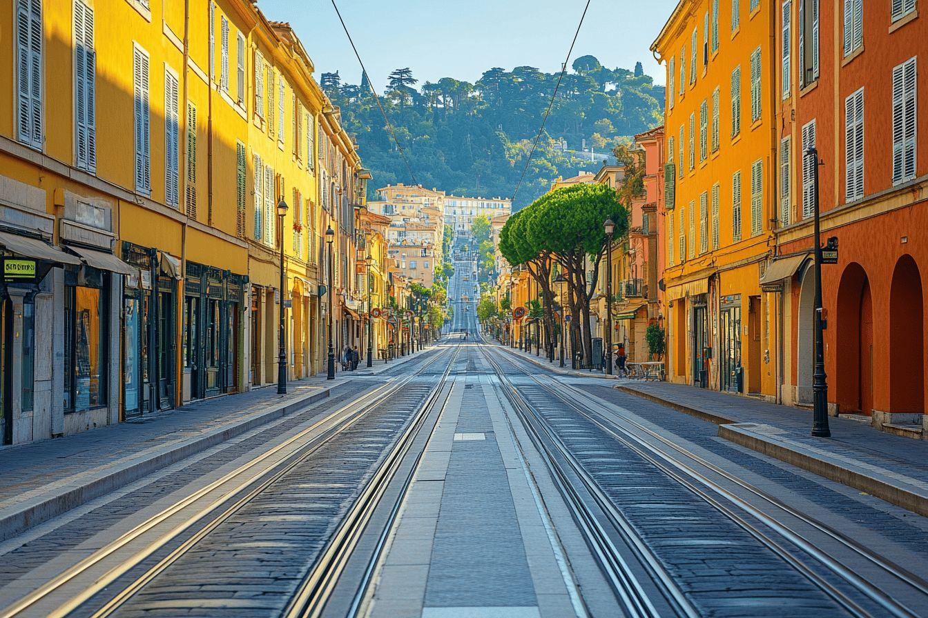 Voie de tramway traversant une rue colorée méditerranéenne