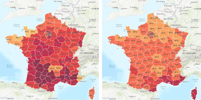 À droite les températures minimales en journée et à gauche les températures minimales la nuit entraînant le déclenchement de l'état de canicule par département - Weather'n'co