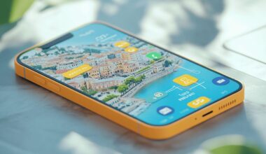 Téléphone jaune affichant un paysage urbain sur son écran