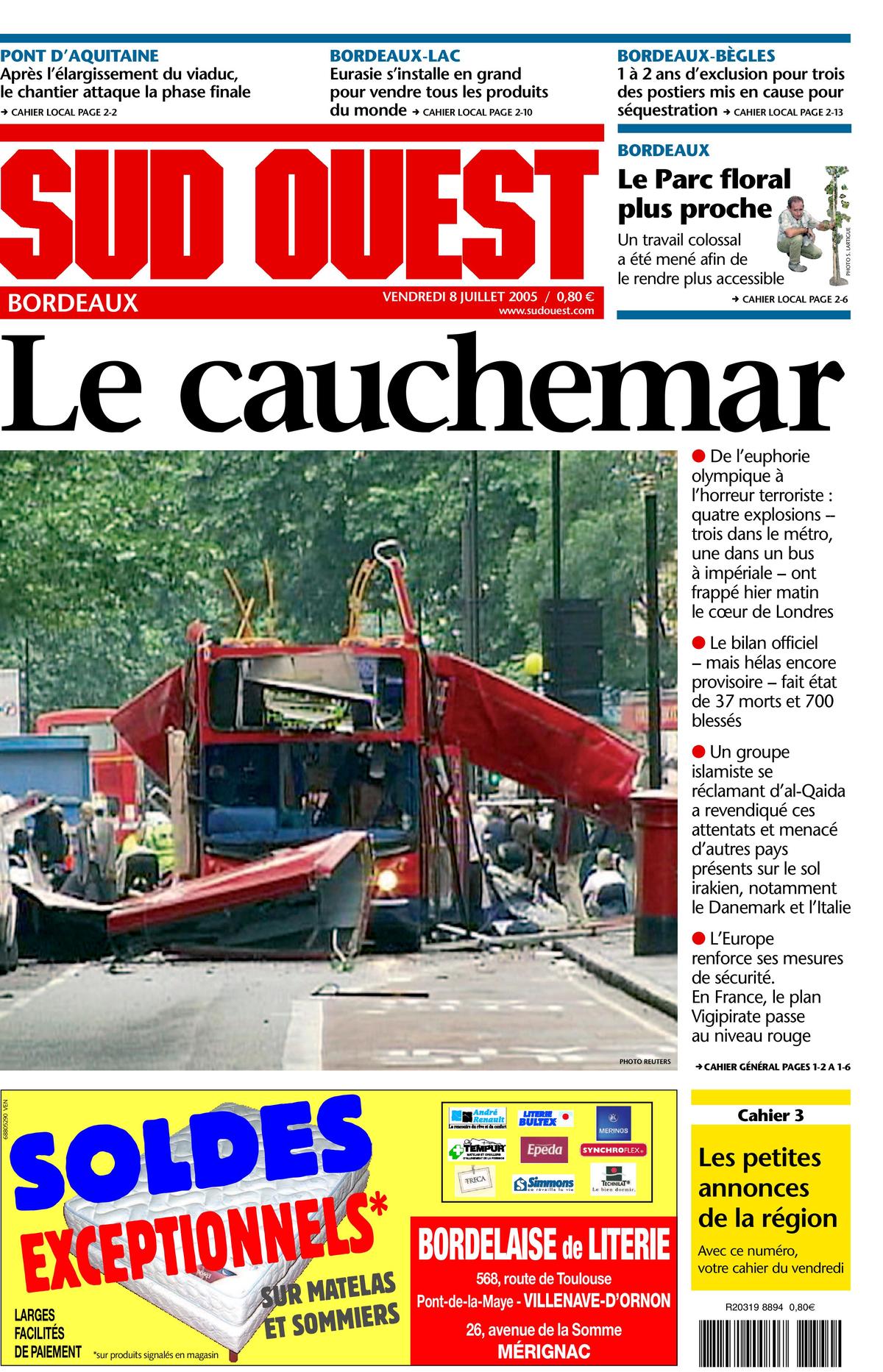 Reproduction de la Une de « Sud Ouest » du 8 juillet 2005.