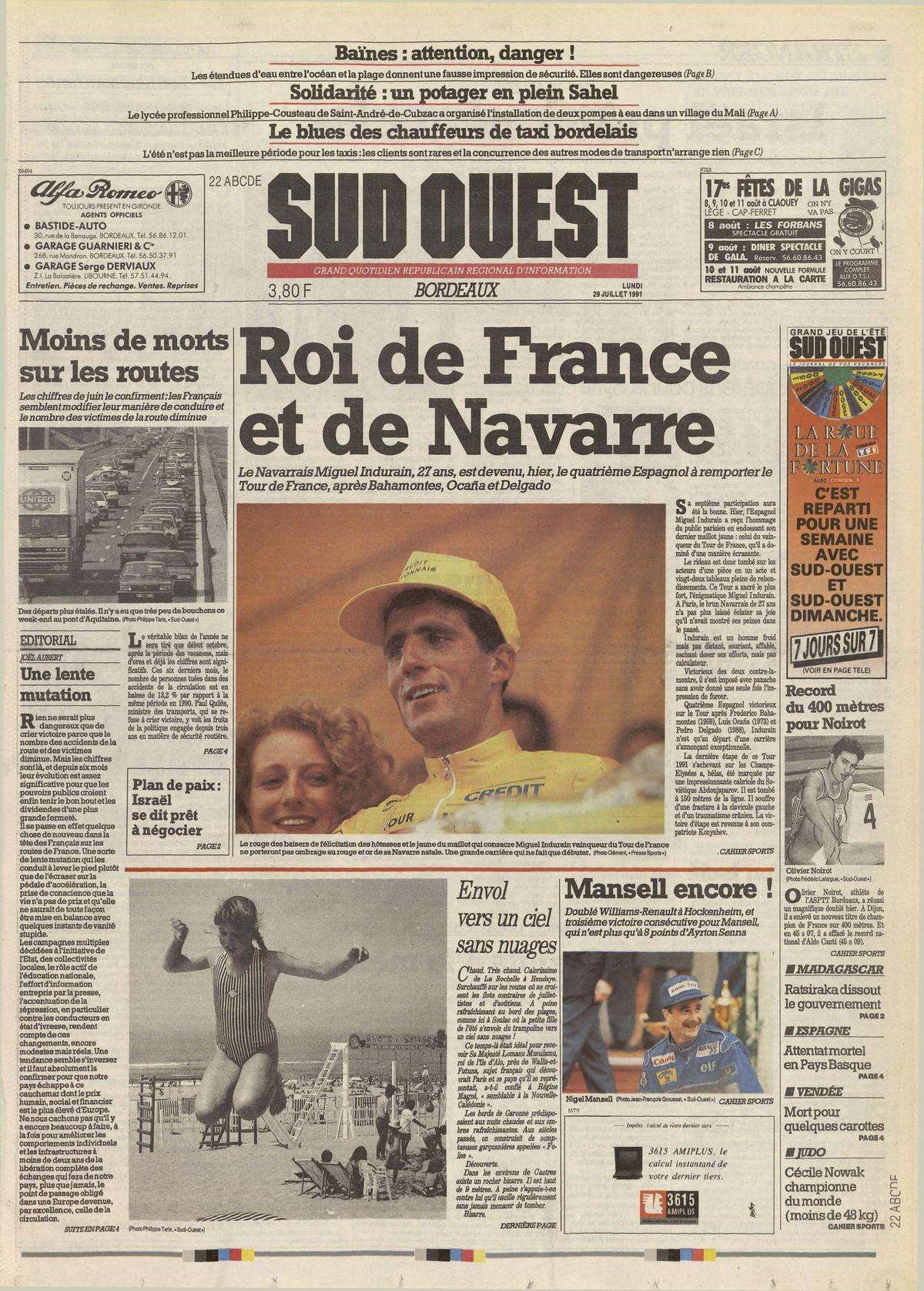 Reproduction de la Une de « Sud Ouest » du 29 juillet 1991. La veille, le Navarrais Miguel Indurain, 27 ans, devenait le quatrième Espagnol à remporter le Tour de France.