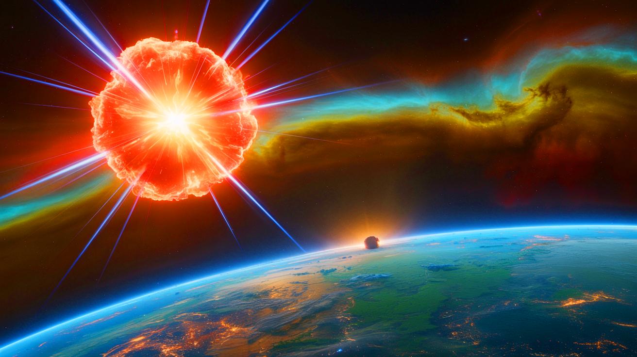 Illustration de sursauts gamma dans l'univers, générée par intelligence artificielle.