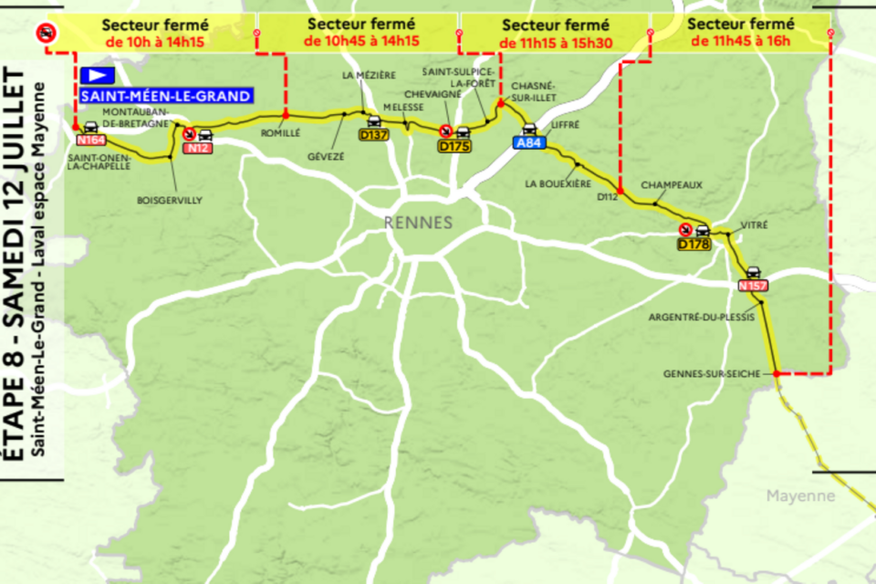 La carte des secteurs de routes fermés le samedi 12 juillet en Ille-et-Vilaine.