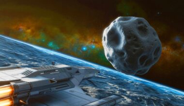 Illustration de l'astéroïde 2024 YR4 et de la mission spatiale envisagée. Image réalisée par IA.