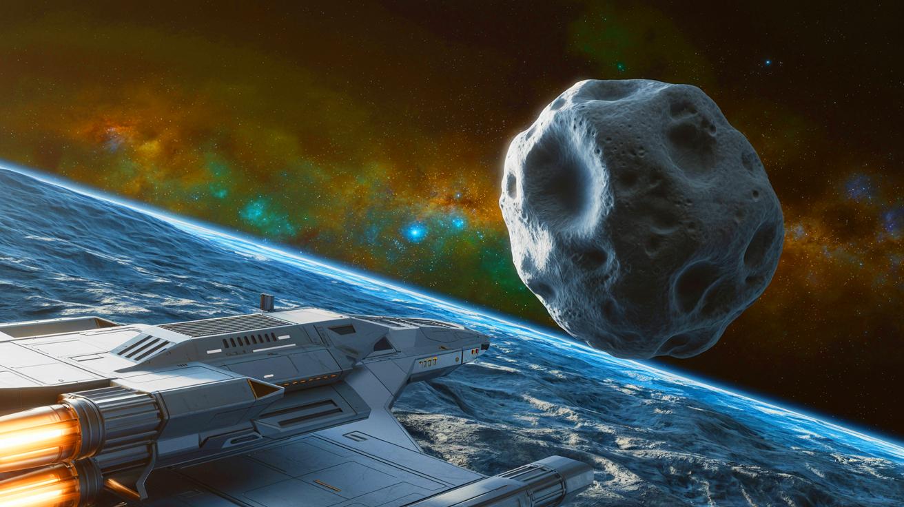 Illustration de l'astéroïde 2024 YR4 et de la mission spatiale envisagée. Image réalisée par IA.