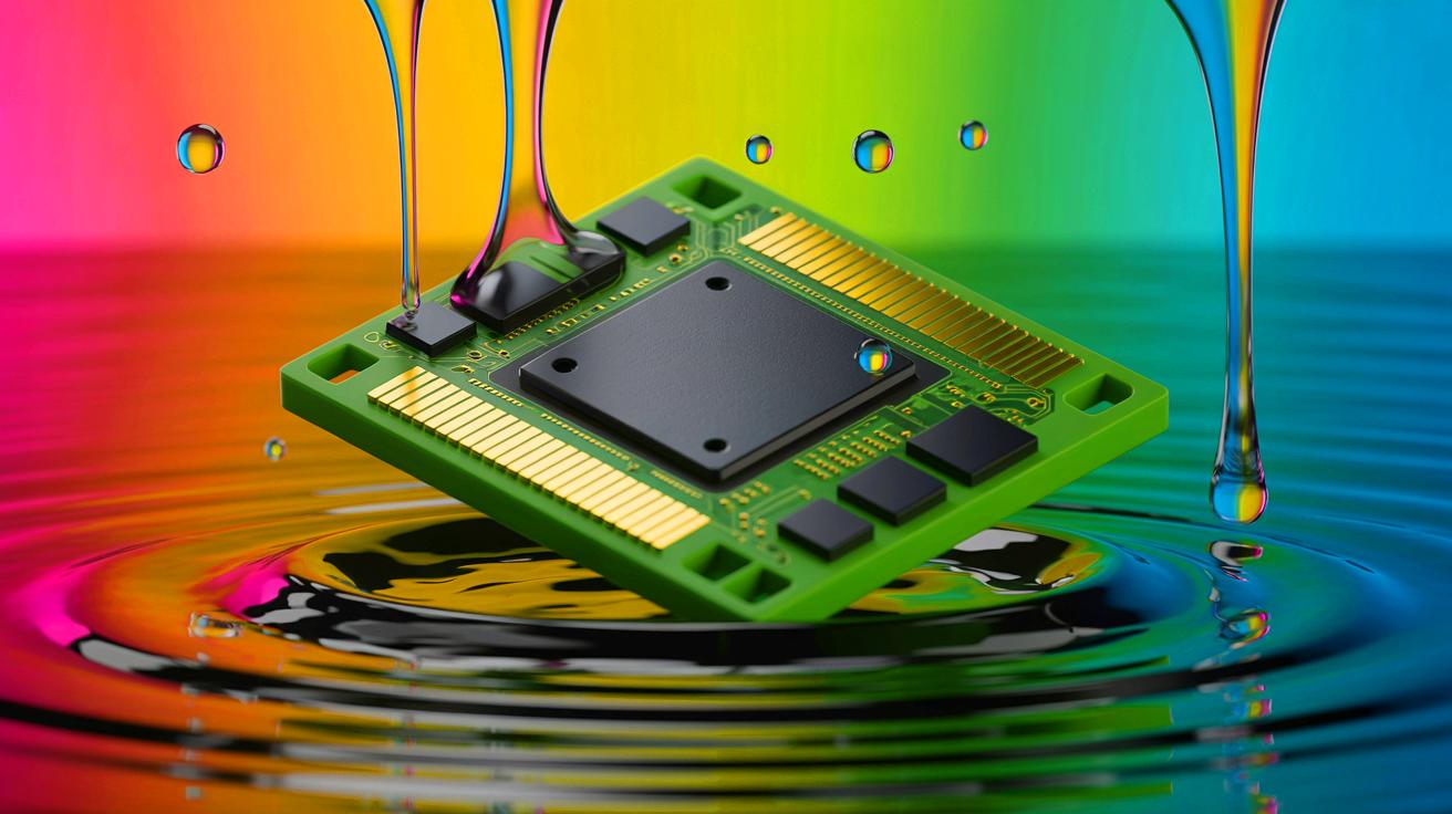 Illustration de l'innovation technologique d'un dispositif mémoire biodégradable se dissolvant dans l'eau. Image réalisée par IA.