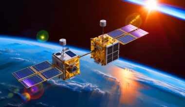 Illustration de l'amarrage autonome de CubeSats utilisant le GPS dans l'espace. Image réalisée par IA.