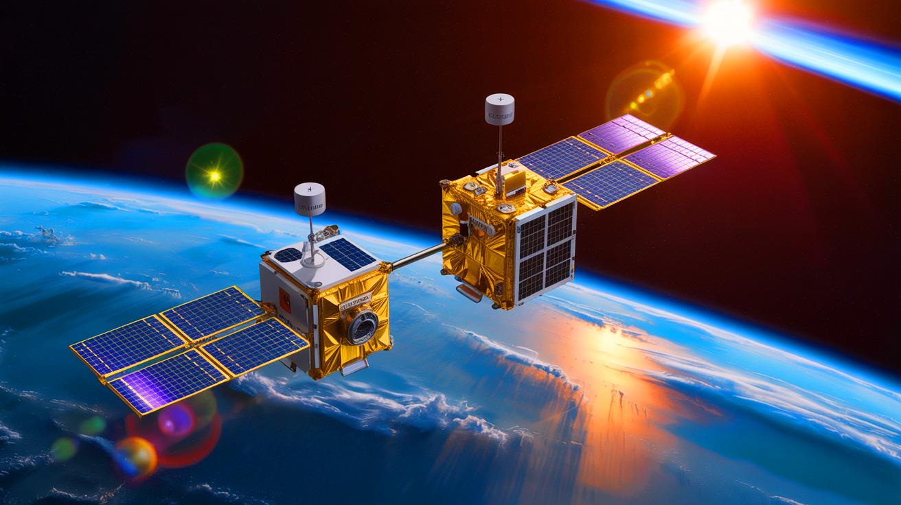 Illustration de l'amarrage autonome de CubeSats utilisant le GPS dans l'espace. Image réalisée par IA.