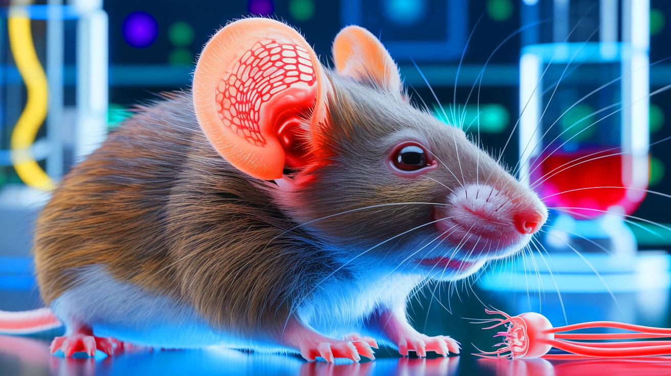 Illustration de la régénération tissulaire chez une souris grâce à un gène ancien réactivé. Image réalisée par IA.