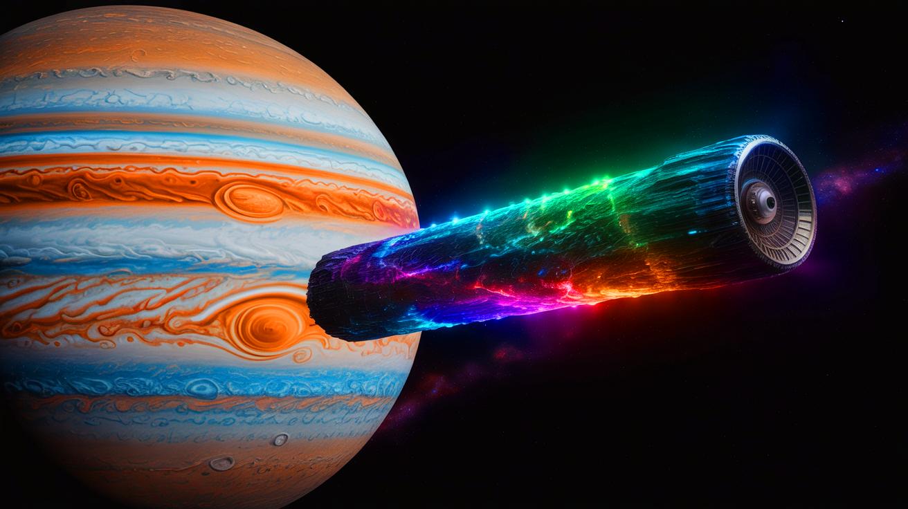 Illustration de l'objet interstellaire A11pl3Z traversant notre Système solaire. Image réalisée par IA.