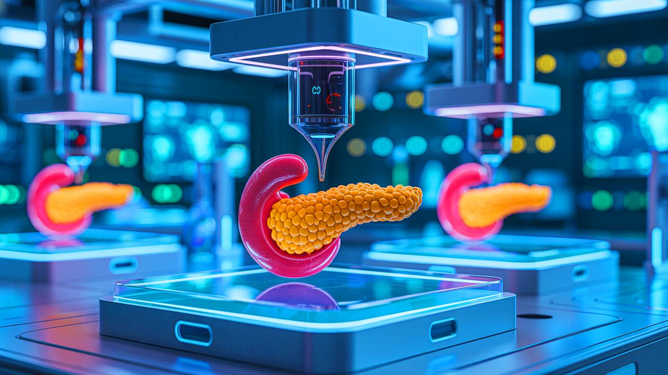 Illustration de la bio-impression 3D d'îlots pancréatiques humains pour le traitement du diabète. Image réalisée par IA.