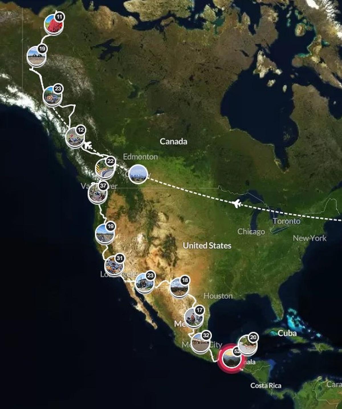 Parcours effectué en vélo depuis le Grand Nord canadien jusqu’au Salvador.