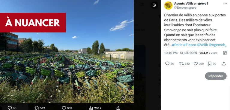 Cette photo montre bien des Vélib en panne, mais ils ne sont pas abandonnés. Ils attendent de passer entre les mains des réparateurs qui opèrent pour le compte de l'entreprise Smovengo. - Capture écran X