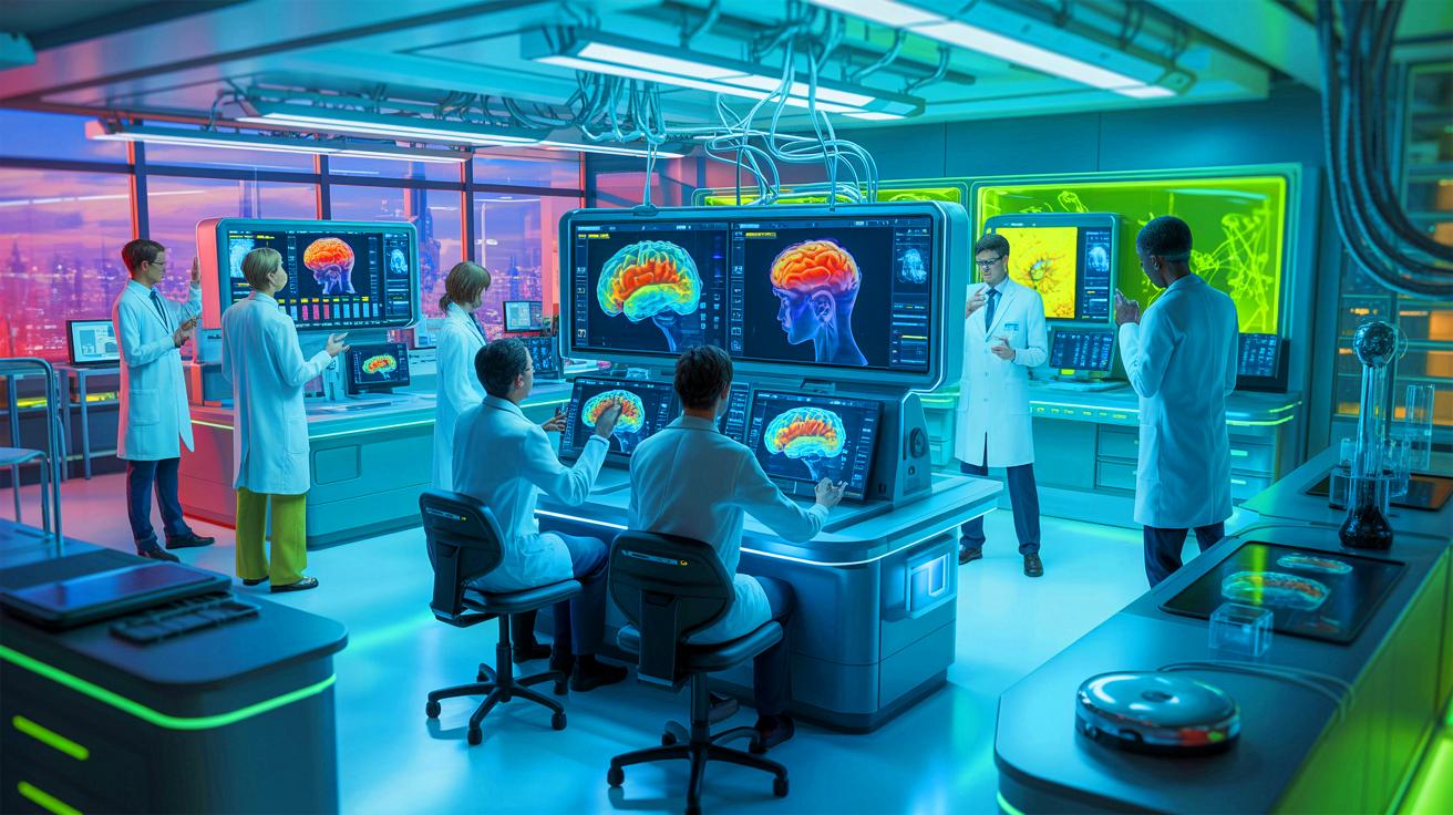 Illustration de l'utilisation d'un scan cérébral innovant pour prédire les maladies chroniques, générée par intelligence artificielle.