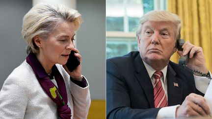Ursula von der Leyen, la présidente de la Commission européenne (à gauche) et Donald Trump, le président des États-Unis (à droite). (JOHN THYS,NICHOLAS KAMM / AFP)