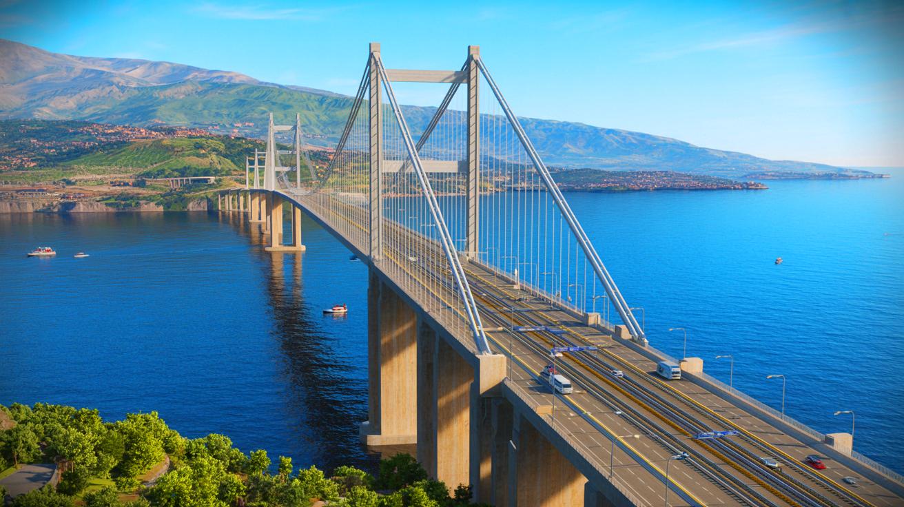 Illustration de la construction du pont suspendu sur le détroit de Messine entre la Sicile et le continent italien.