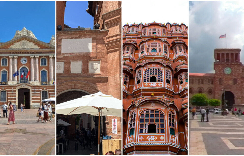 La place du Capitole à Toulouse, la place Royale à Montauban (Tarn-et-Garonne), le Palais des Vents à Jaipur (Inde) et la place de la République à Erevan en Arménie.