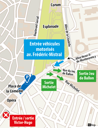Par où se fait l’entrée du parking de la Comédie ?