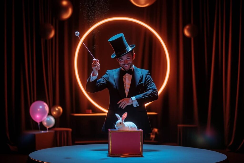 Photo d'un magicien avec un lapin dans un chapeau et un cerlce lumineux derrière pour The Magic Gateway