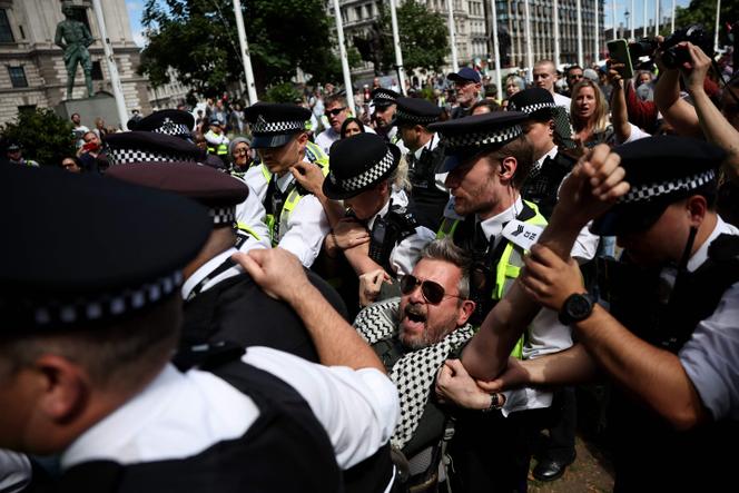 Un manifestant est emmené par la police lors d’une mobilisation en soutien à la Palestine, à Londres, le 9 août 2025.