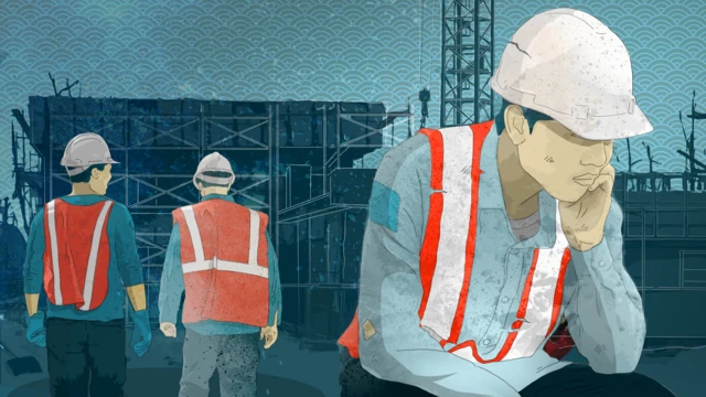 Une illustration montrant un travailleur nord-coréen portant un casque de chantier et un gilet réfléchissant, la tête entre les mains.