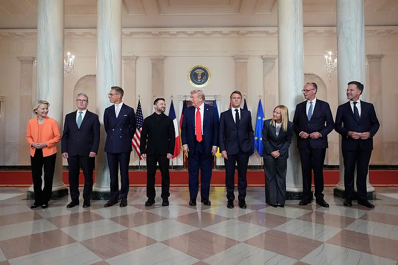 Dirigeants européens lors d'une conférence multilatérale sur l'Ukraine à la Maison Blanche, 18 août 2025