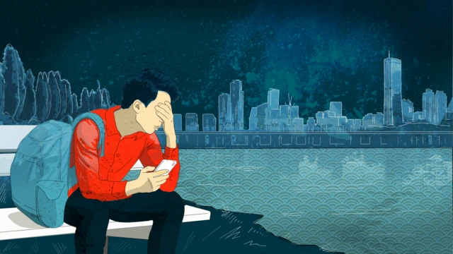 Une illustration montre un Nord-Coréen vêtu d'une chemise rouge devant la silhouette de Séoul, la tête entre les mains.
