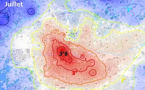 Intensité moyenne de l’îlot de chaleur à Rennes en juillet 2019. Des données parues dans l’étude du laboratoire LETG « Fréquence et intensité des îlots de chaleur à rennes : bilan de 16 années d’observations (2004-2019) ».