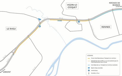 Plan de la zone de travaux. Une première phase est prévue sur le secteur du Rheu et une seconde à Vezin-le-Coquet.