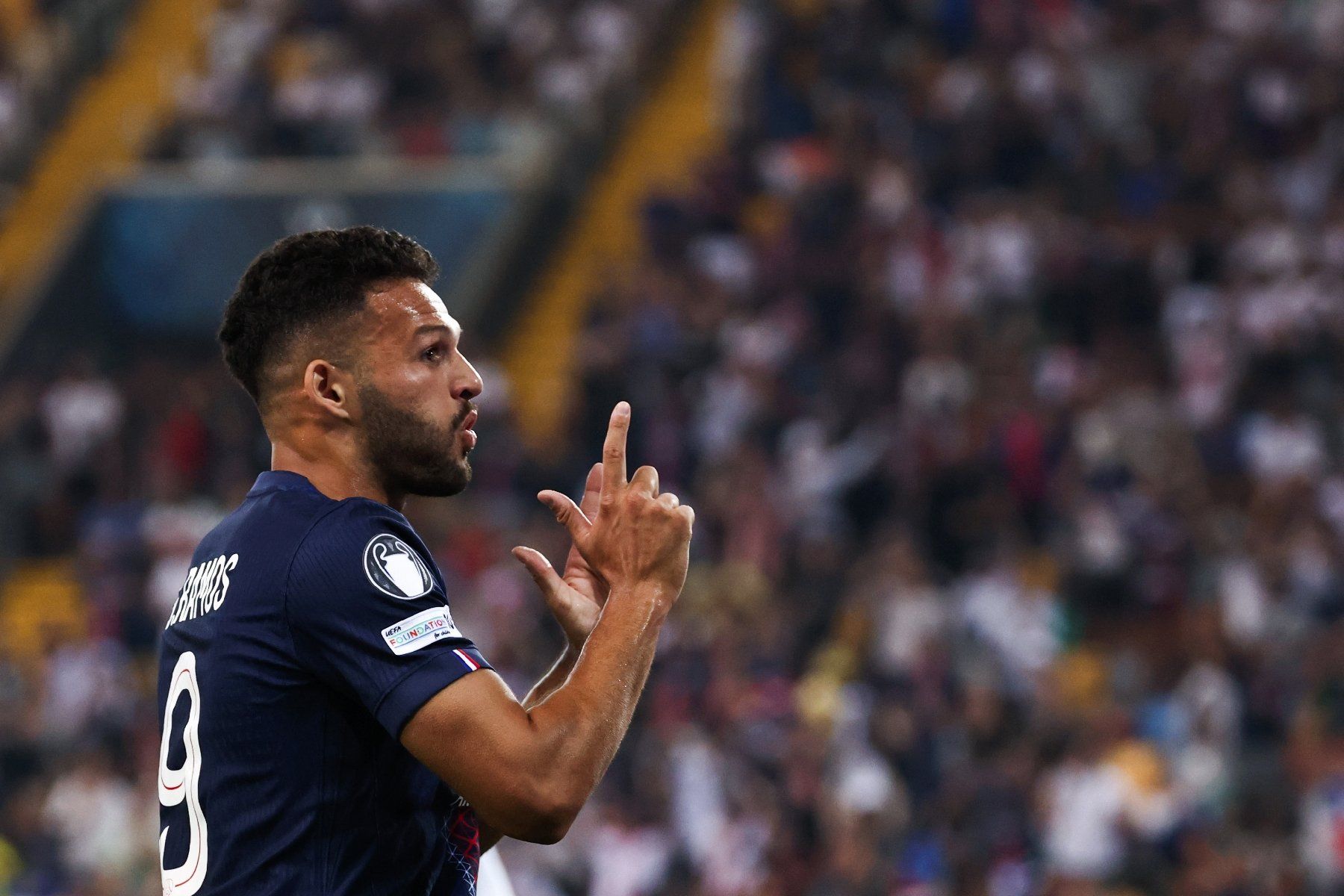 L'attaquant portugais du Paris SG Gonçalo Ramos a égalisé contre Tottenham lors de la Supercoupe d'Europe le 13 août 2025 à Udine (Italie)