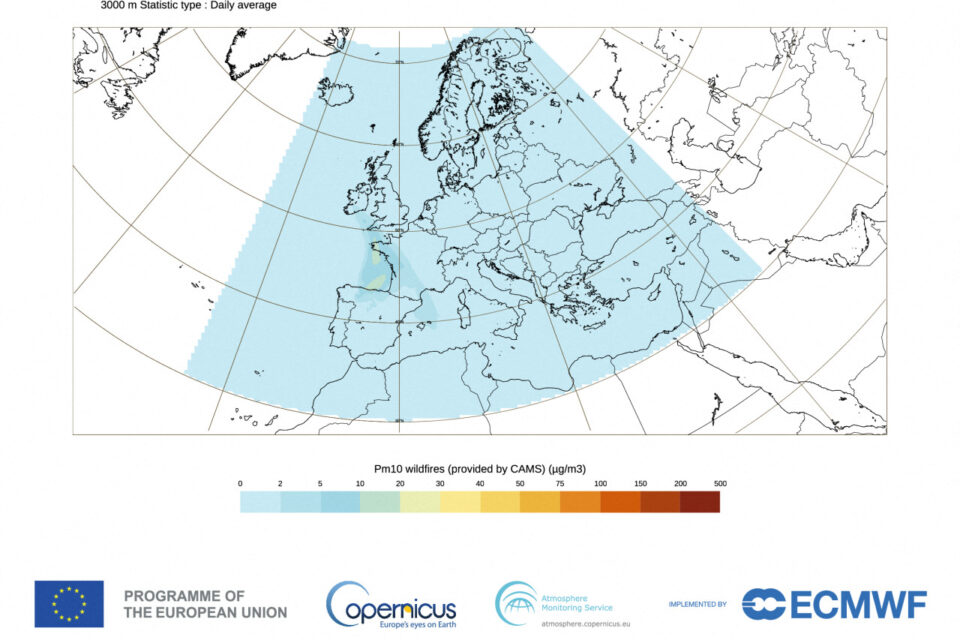 Les particules au-dessus de l'Ouest de la France se trouvent à environ 3000 mètres d'altitude.